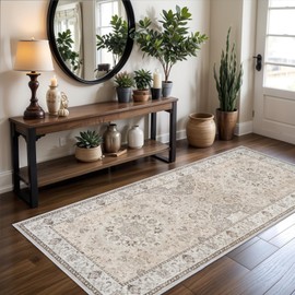 Hallway Washable Runner Rug - 3x6 Kitchen Rugs Entryway Rug Runner Vintage Soft Floor Mat Non Slip Indoor Farmhouse Carpet for Bathroom Living Room Bedroom (3 X 6, Beige)