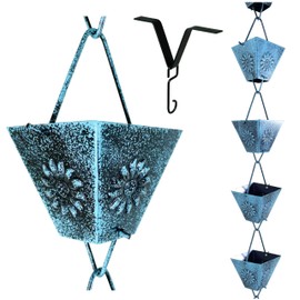 U-nitt Rain Chains, Roof Gutter Downspout/Spout Channel, Rainwater Water Catcher/Diverter, 8.5 feet Length, Metal, Black Powder Coated, Patina, Sunflower Square Cup, 5515PA