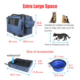 Prutapet Large Cat Carrier 24"x16.5"x16.5" Soft-Sided Portable Pet Crate for Car Traveling with Collapsible Litter Box and Bowl