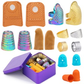 Ftyiwu Sewing Thimble, Hand Sewing Thimble with Storage Box, Adjustable Metal Sewing Thimble, Leather Finger Protector, DIY Hand Sewing Tool Accessories