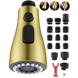 Kitchen Faucet Head Replacement with 15 Adapters - 3 Functions Pull Down Spray Head for Kitchen Faucet, Pull Out Faucet Sprayer Head Nozzle, Kitchen Sink Faucet Sprayer Head Replacement, Brushed Gold