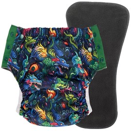 EcoAble Big Kids’ Pull-On Cloth Diaper, Age 6–16 | Reusable Potty Training & Incontinence Briefs for Special Needs Children (Dragons, Junior 1)