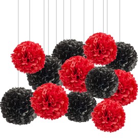 XIKSXITN 12 pc Black Red Tissue Paper Pom poms-Hanging Paper Pom Poms Paper Flowers Ball for Party Decorative(10&12 inch)