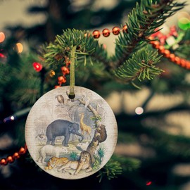 2023 Christmas Ornament 3" Round Ceramic Xmas Tree Hanging Accessories Wild Animals with Safari Zoo Double-Side Printed Ornaments for Holiday Party Home Decor,Vintage Newspaper Back