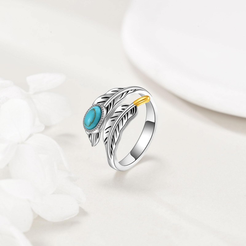925 Sterling Silver Ring Feather Ring Turquoise Rings Adjustable Feather