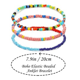 Bohemian Anklet Bracelet, Handmade Beads Summer Anklet Bracelet Elastic Thread Anklet Colourful Multilayer Beads Foot Jewellery for Women Girls Ladies