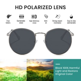 Cyxus Sunglasses Round Men Women Retro Polarised Sunglasses Outdoor UV 400 for Driving Fishing Travel, 06-black lens silver frame