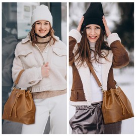 S-ZONE Genuine Leather Bucket Bags for Women Drawstring Crossbody Purses Shoulder Top Handle Handbags with 2 Straps