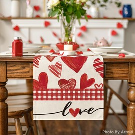 Artoid Mode Red Buffalo Plaid Love Heart Table Runner, Anniversary Kitchen Dining Table Decoration for Home Party Decor 13x48 Inch