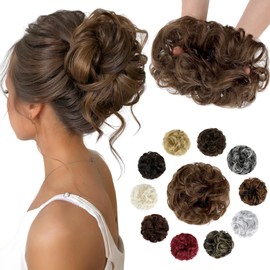 Soulwigger Messy Bun Hair Piece Wavy Curly Scrunchies Fluffy Donut Thick Updo Elegant Chignon Hairpieces for Women Girls, Light Chestnut Brown 1.4oz