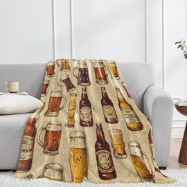 jwyta Beer Flannel Blanket,Vintage Bar Style Throw with Bottle,Mug and Glasses on Tan Background,Lightweight Fleece Blankets for Men,Couch,Cabin,Bed,Camping Retro Decor Gifts,60x50in