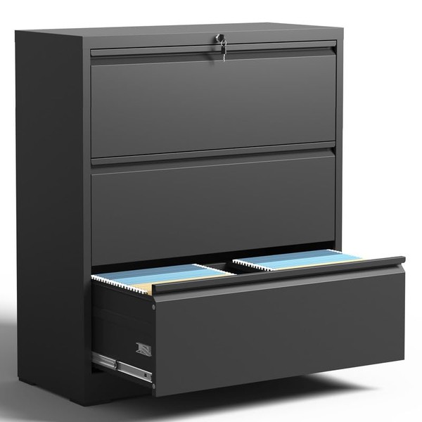 Yukimo Lateral File Cabinet with Lock, Metal File Cabinets for Home Office Legal/Letter A4 Size, File Cabinet with 3 Drawer Storage Cabinet, Black