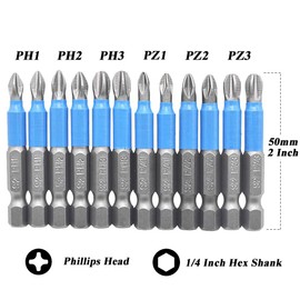 Bestgle 12Pcs Magnetic Phillips & Pozidriv Screwdriver Bits, 1/4" Hex Shank 50mm Anti Slip Cross Slot Phillips Head Drive Bit, 50mm Length, PZ1, PZ2, PZ3, PH1, PH2, PH3