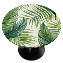 Pardick Round Fitted Tablecloth Green Leaves Round Tablecloth with Elastic Edge Circular Table Cover Waterproof Wipeable Table Cloth, Fits Tables up to 36" - 42" Diameter