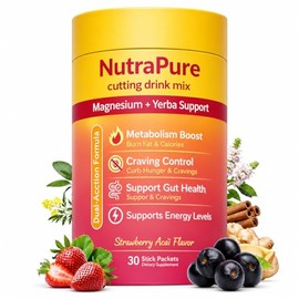 NutraPure Cutting Drink Mix – Energy & Gut Health | Vegan, Sugar-Free, Non-GMO | Strawberry Açaí – 30 Sticks