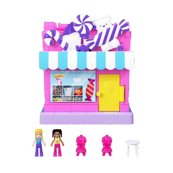Polly Pocket Pollyville Sweet Store Dolls and Playset, Mini Toys with 2 Micro Dolls and 3 Accessories, HNB03
