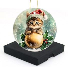 Christmas Ornaments Christmas Home Decor - Christmas Cat with A Golden Ball - Christmas Tree Decoration Ceramic Ornament,Holiday Present Idea,Round Keepsake 2.95in
