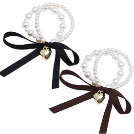 ChasCoCo Hair Rubber Pearl Hair Elastic Hair Rubber Bowknot Pearl Hair Ornaments Hair Accessories Party Scrunchie Hair Pony Gift Headband Set of 2 (Brown + Black)