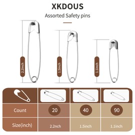 XKDOUS XKDOUS Safety Pins - 150 Pcs Assorted Sizes Silver Pins Bulk - Small & Large Heavy Duty for Clothes, Sewing, Craft