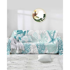 Turquoise Grey Coastal Coral Sofa Covers for 3 Cushion, Washable Couch Cover for Sectional Sofa Slipcovers, Ocean Nautical Summer Beach Turtle Starfish Loveseat Covers Futon Cover Throw Blanket 71x118