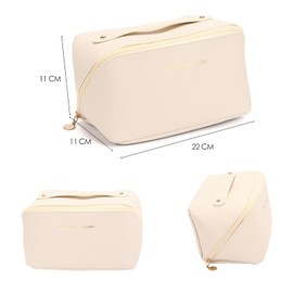 Travel Makeup Bag Zipper Pouch, Large Portable Cosmetic Bags for Women, PU Leather Makeup Organizer Toiletry Bags - White