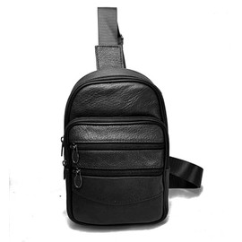 TASSINI Leather Sling Bag for Men, Multi-Pocket Crossbody Daypack, 24x15x6cm, Black/Dark Brown (BLACK)