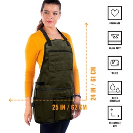 Under NY Sky Tool Apron - 20 Pockets and Slots, Cross-Back, Heavy-Duty Waxed Canvas - Woodwork, Garden, Shop (Green Cross-Back)
