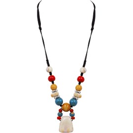 Hanary Boho Hippie Colorful Chunky White Ceramic Beads Necklace, Summer Bohemian Jewelry Gift for Women