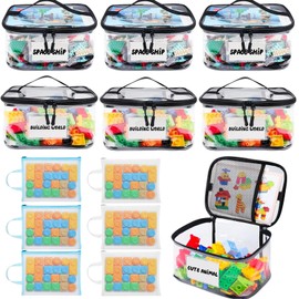 6 Pack Toy Storage Bags with 6 Pack Mesh Zipper Pouch Bags, Clear Waterproof PVC Toy Kids Organiser with Double Zipper, Travel Case Pouch with Name Tag for Building Blocks, Puzzles, Board Game, Books
