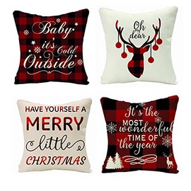 eBoutik - Set of 4 Christmas Cushion Covers - Festive Pillow Designs for Livingroom, Sofa & Beds - Xmas Traditional Decorative Accessories (Red & White)