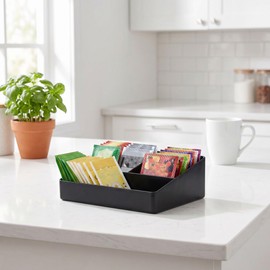 BinaryABC Tea Bag Storage Box and Sugar Packet Holder for Coffee Bar Countertop,3-Compartment Drink Packet Organizer Dispenser for Home and Hotel, Small Sweetener Packet Holder for Condiments