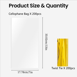 joybest 200 Pcs Cello Cellophane Treat Bags, 7x13 Inches Clear Plastic Treat Bags with Twist Ties for Candies, Gift Wrapping, Party Favor