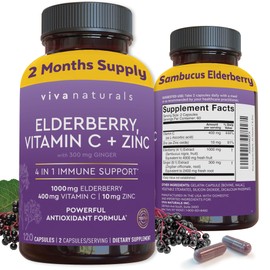 Viva Naturals Elderberry with Vitamin C and Zinc (120 Capsules) - 1000mg Sambucus Elderberry Immune Support Supplement, Black Elderberry Capsules for Adults - 2 Months Supply