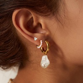 3Pairs Pearl Earring Stacks Dainty 14K Gold Plated Earring Sets for Multiple Piercing Huggie Hoop Earrings for Women Trendy Cartilage Stud Earrings for Teen Girls Jewelry