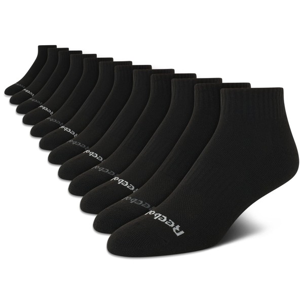 Reebok Men's Athletic Quarter Socks with Cushion Comfort (12 Pack), Size Shoe Size: 6-12.5, True Black