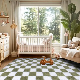 Ecoshag Soft Rugs for Living Room, 3x4.6 Ft Green and White Checkered Fluffy Shaggy Rugs for Indoor Use, High Pile Ultra Fuzzy Rug for Bedroom Kids Nursery Rooms,Home Decor Aesthetic