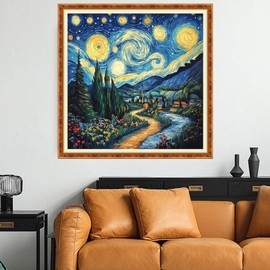 DMCXART Counted Cross Stitch Kits for Adults Needlepoint Kits Unprinted Cross Stitching Embroidery Kit 11CT Cross Stitch Supplies-Van Gogh's Starry Night Home 18x18 inch