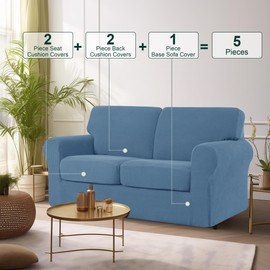 CHUN YI 5 Piece Stretch Loveseat Sofa Cover, 2 Seater Couch Slipcover with Two Separate Backrests and Cushions with Elastic Band, Checks Spandex Jacquard Fabric(Medium,Denim Blue)