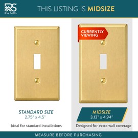 Rio Salto MIDSIZE BRASS Light Switch Plate Outlet Cover Wall Plate – Deco Collection Single Toggle Flip Switch Cover Brushed Brass Gold Decorative Wall Plates, Premium Metal – 2 Pack - 4.94" x 3.13"