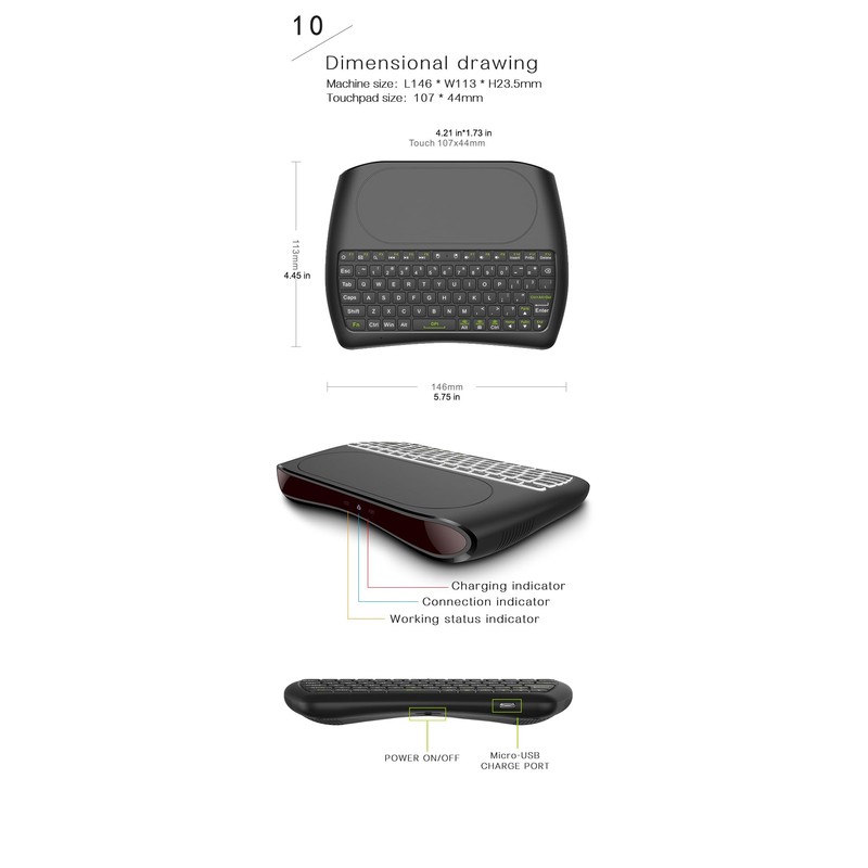 D8 Rechargeable Wireless Keyboard with Touchpad, 2.4G WiFi/BT4.2 Dual Mode