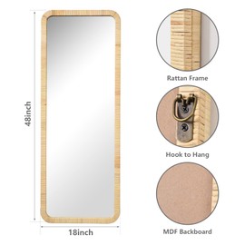 18"x48" Rectangle Wooden Framed Rattan Full Length Mirror Farmhouse Wicker Long Full Body Floor Mirror Lean Against Wall for Entryway Living Room Bedroom Fireplace Nature
