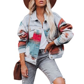 HangNiFang Aztec Denim Jacket Shacket for Women Button Down Vintage Distressed Blue Jean Jacket(0536-BLightBlue-M)