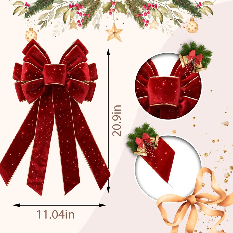 Vickasi Christmas Wreath Bows for Front Door, Glitter Red Velvet