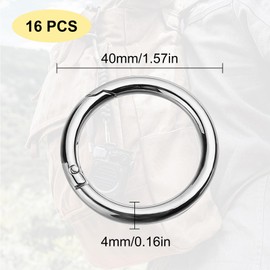 Pack of 16 Round Carabiner Hooks, 40 mm Zinc Alloy Round Carabiner Ring, Large Spring Split Rings, Key Ring, O-Ring for Keyring, Bag, Purse, DIY Crafts, Silver