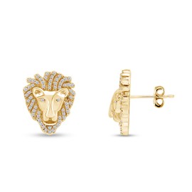 Men's Earrings Lion Head Studs, 14K Yellow Gold Over Sterling Silver Jewelry with Moissanite Diamond, Animal Stud Jewelry Gift for Men Ear Stud Earrings (0.40 Ctw)