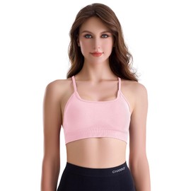 Channo Women's Nylon Sports Bra - Removable Padding Cross Back Wide Elastic Hem, pink, M
