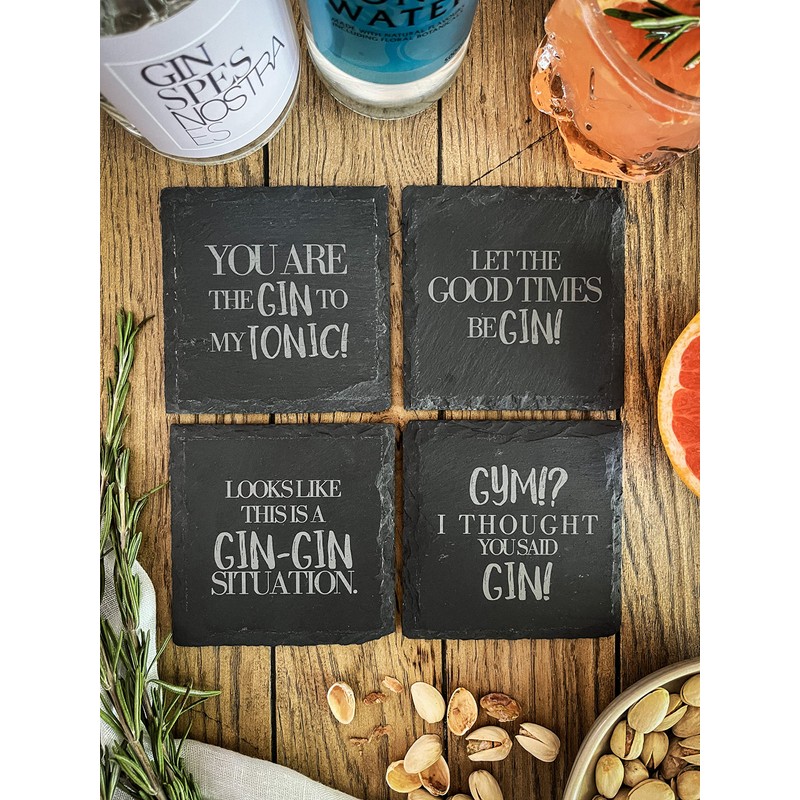 Slate Coaster Set (4 Pieces) for Gin with Gin Sayings