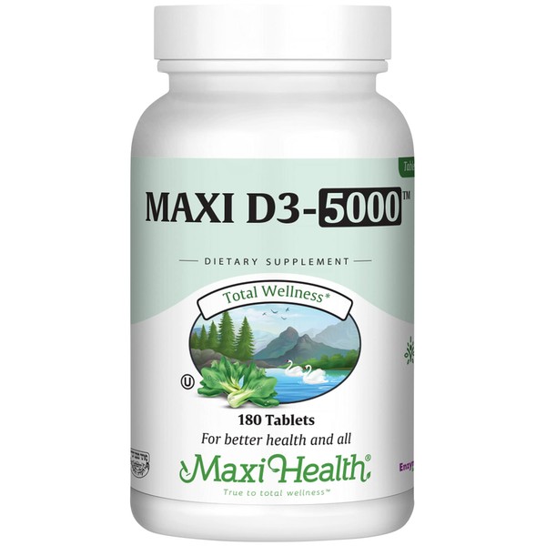 Vitamin D3 5000 IU Dietary Supplement - Easy to Swallow - Odorless & Tasteless - Supports Calcium Absorption, Immune Health and Bone Health in Adult Women & Men - 180 Tablets - by Maxi Health