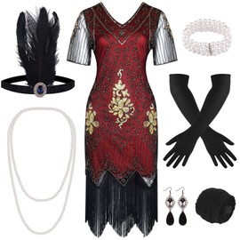 FEPITO 1920s V Neck Sequin Beaded Fringed Dress with 20s Accessories Set (Red, X-Large)