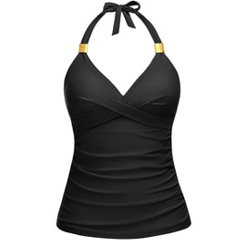 Women's Tankini Top Only - Halter Swim Top 2025 Tummy Control Bathing Suit Top No Bottom Black L